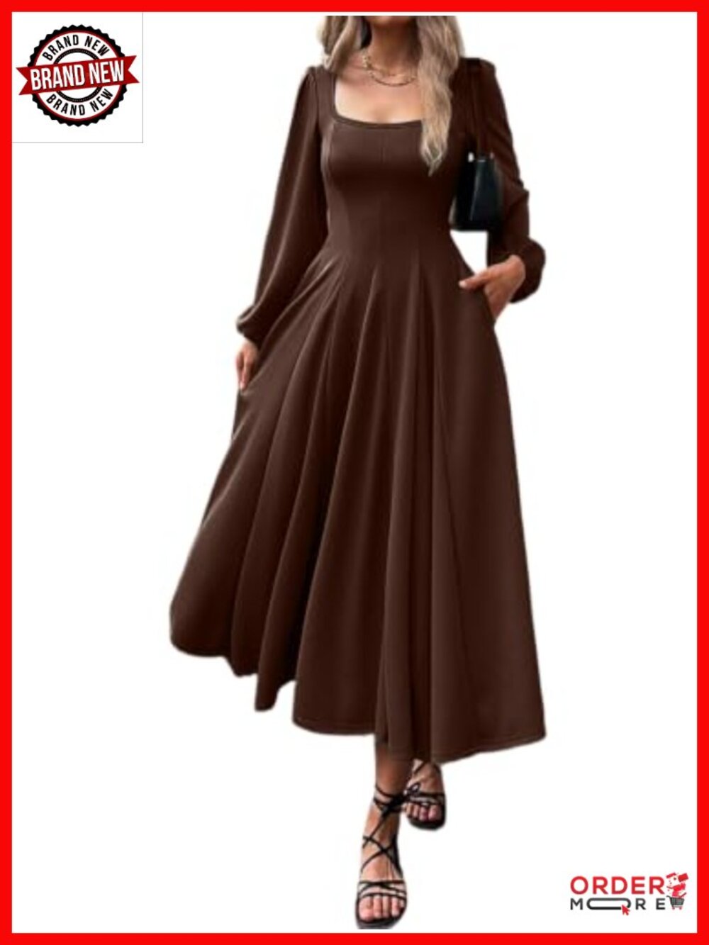 Women's Long Sleeve Square Neck A-Line Maxi Dress Pockets Wedding Guest